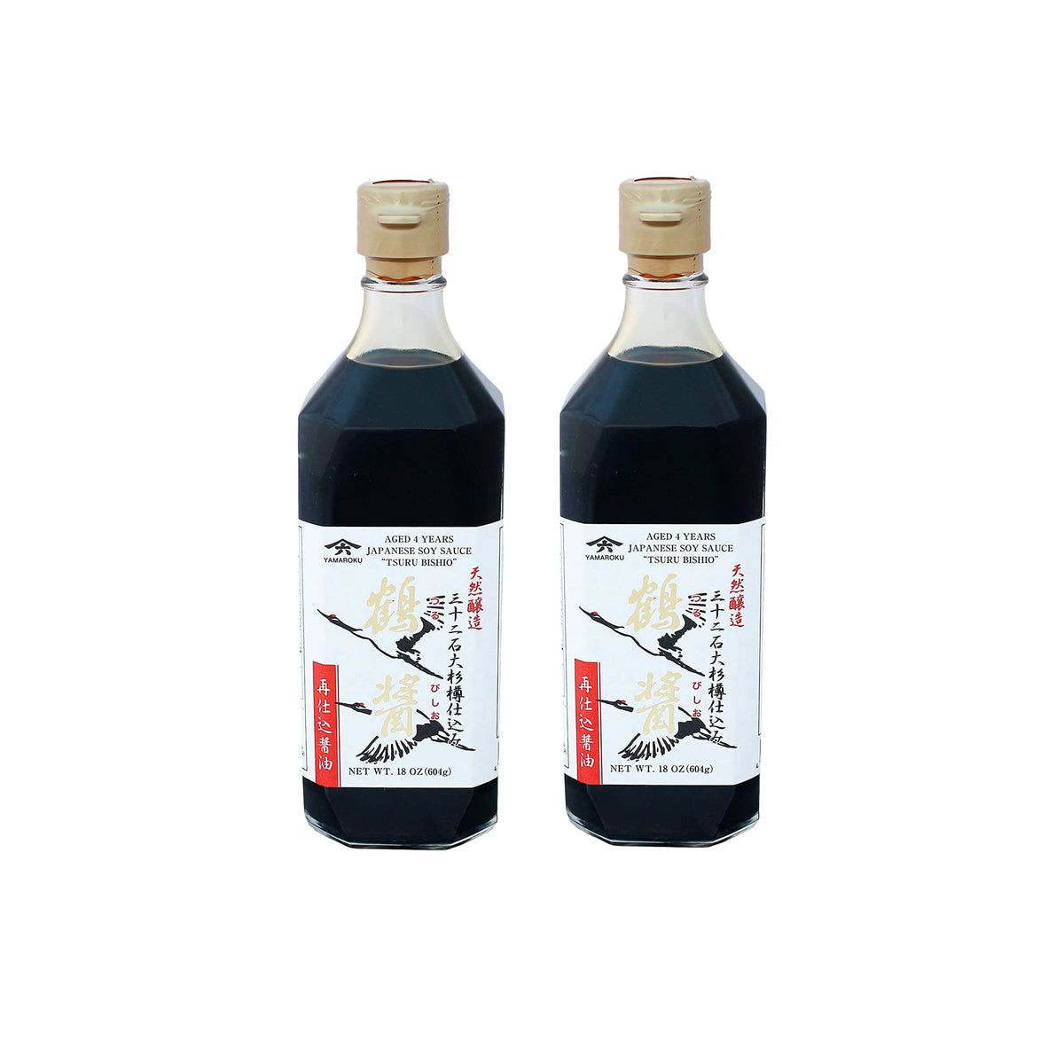 Yamaroku Tsuru Bisiho soy sauce bottle being poured to accent sushi and sashimi.