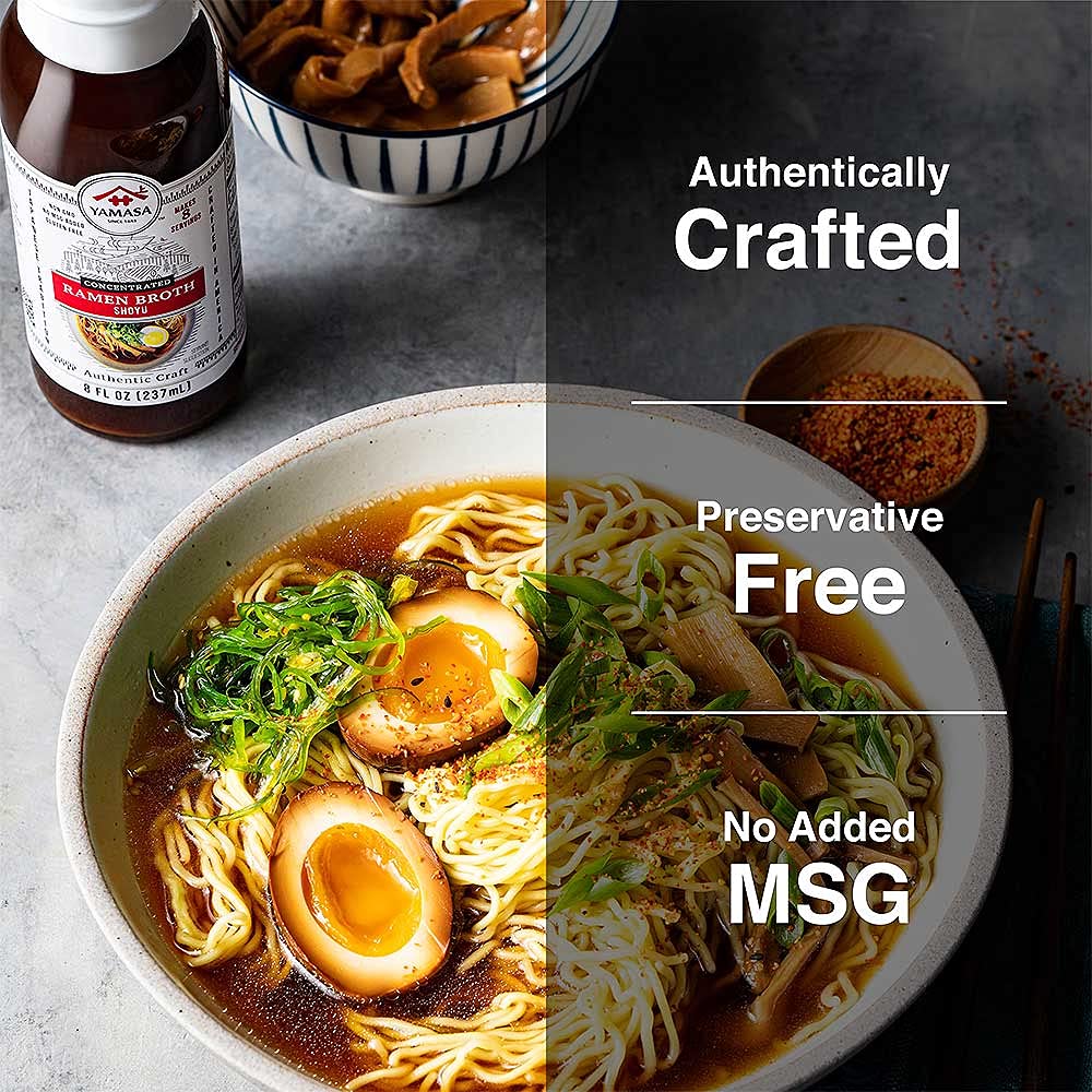 Yamasa Shoyu Ramen Broth pour showcases rich umami for quick ramen.