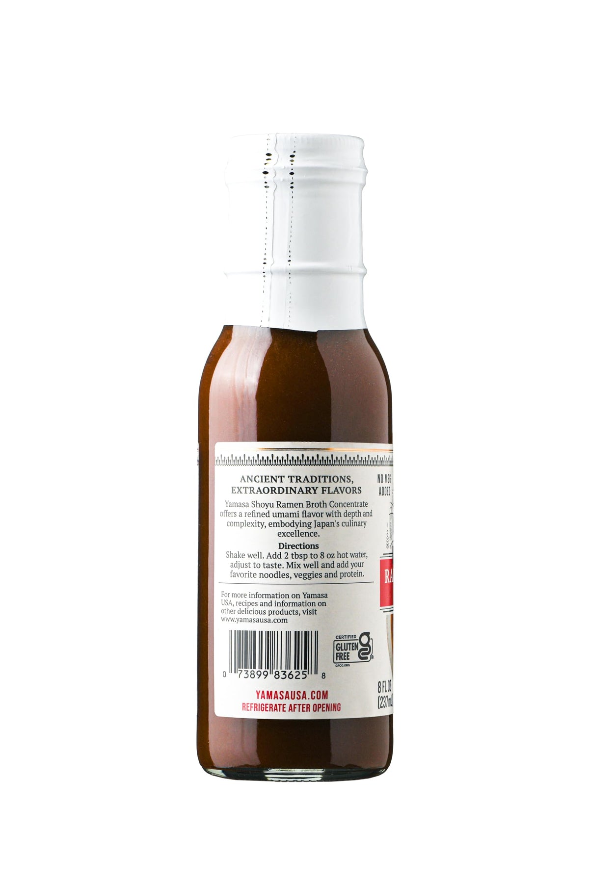 Yamasa Shoyu Ramen Broth bottle with gluten-free and preservative-free emphasis.