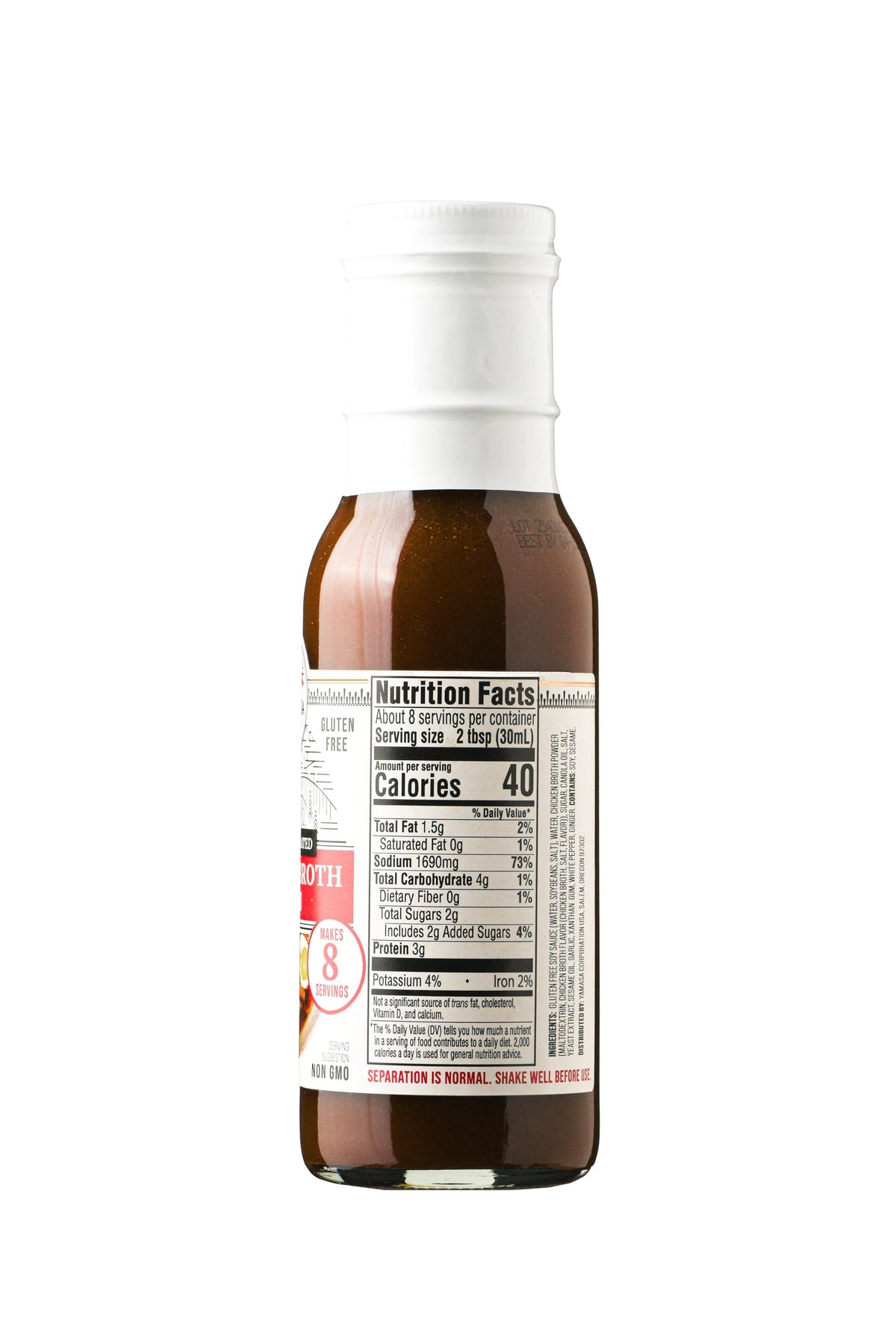 Yamasa Shoyu Ramen Broth ingredients with gluten-free and no-MSG claim.