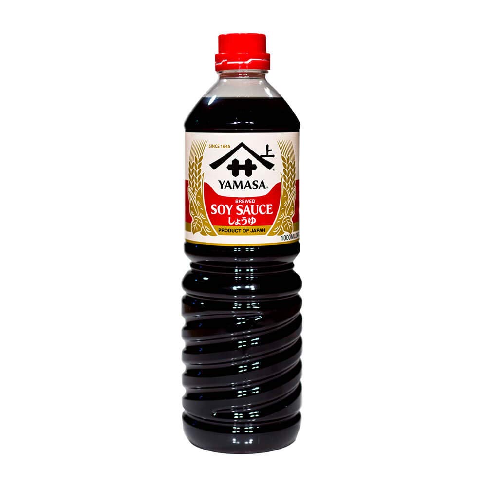 Yamasa soy sauce bottle pour, naturally brewed, enhances stir-fries and dipping sauces.