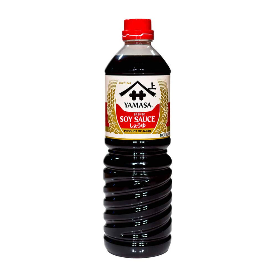 Yamasa soy sauce bottle pour, naturally brewed, enhances stir-fries and dipping sauces.