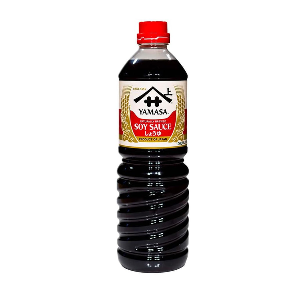 Yamasa spicy soy sauce bottle enhances flavor and color in dishes