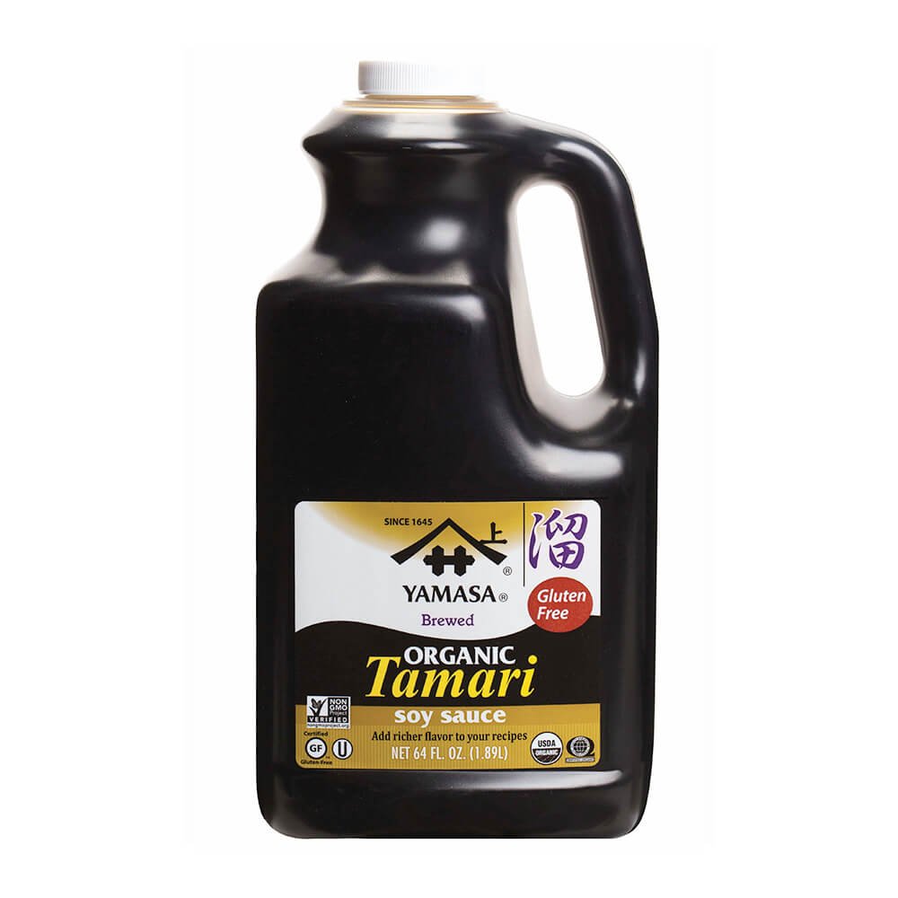 Yamasa Tamari soy sauce bottle highlighting organic, gluten-free flavor for meals.