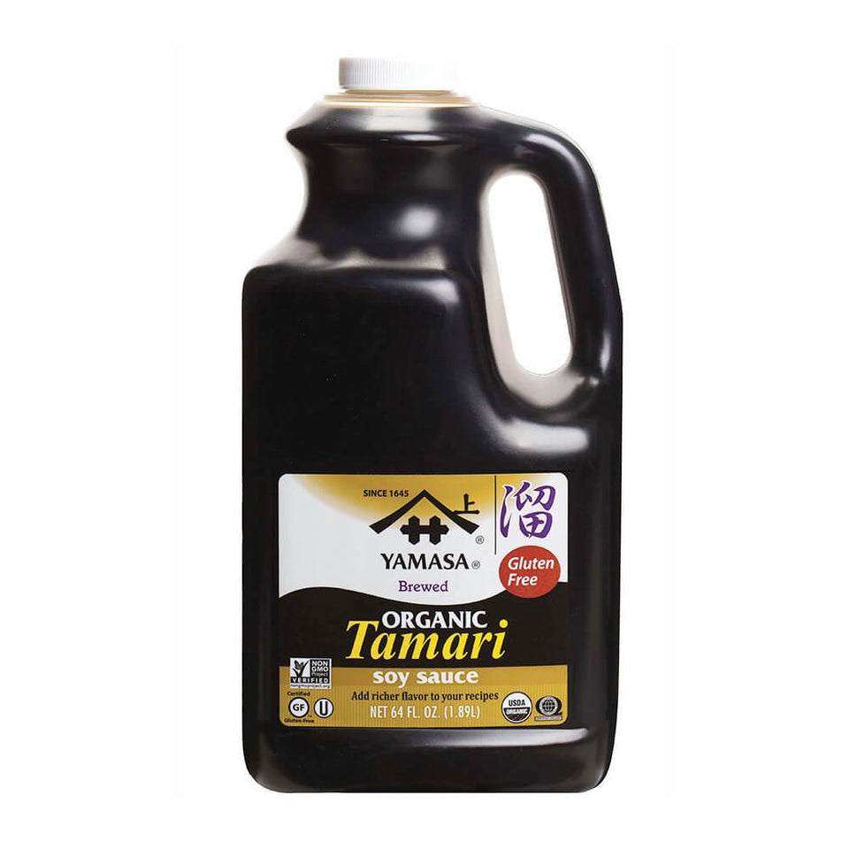 Yamasa Tamari soy sauce bottle highlighting organic, gluten-free flavor for meals.