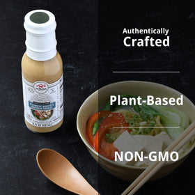 Pouring Yamasa broth into a bowl for quick, flavorful ramen.