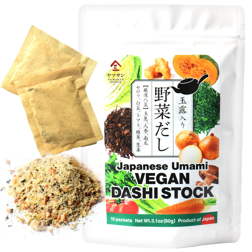 YAMASAN KYOTO UJI dashi packet on shelf, premium vegan umami base for soups.