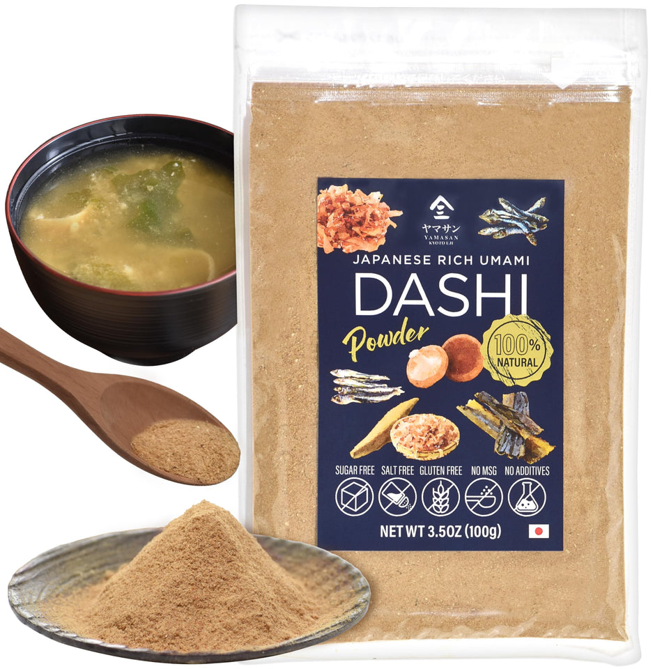 YAMASAN KYOTO UJI dashi powder bottle; natural ingredients for rich umami in meals.
