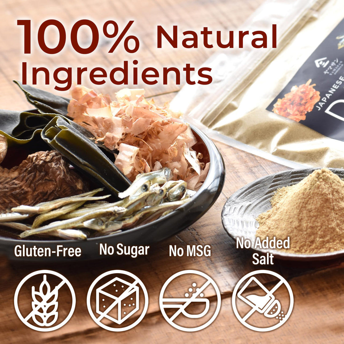 YAMASAN KYOTO UJI dashi powder ingredients image; gluten-free and additive-free for clean meals.