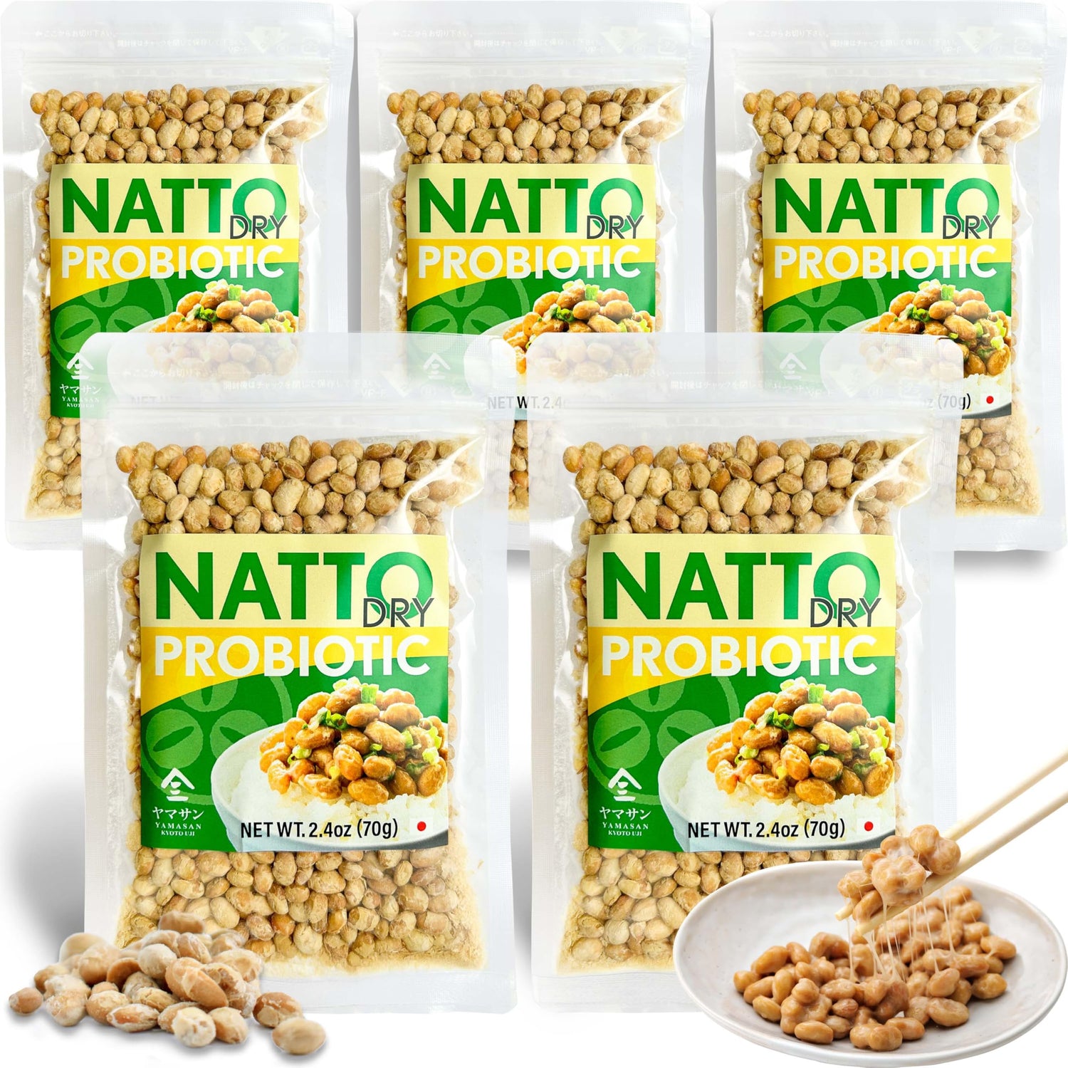 YAMASAN KYOTO UJI natto 5-set packaging, premium probiotic soybeans for shelf stability.