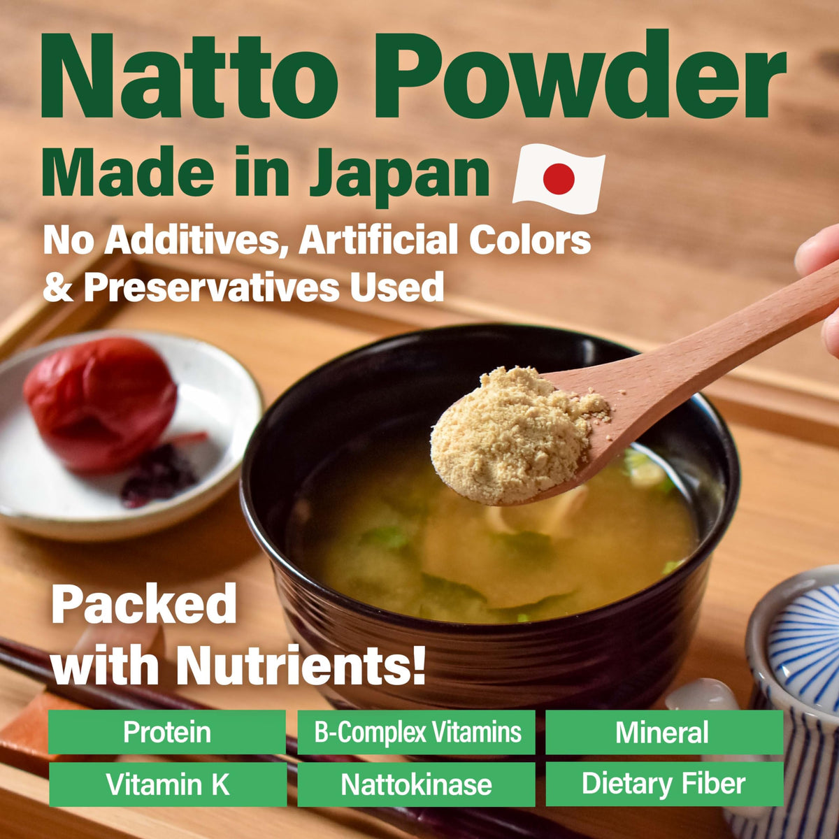 Close-up of YAMASAN KYOTO UJI natto powder texture and umami aroma