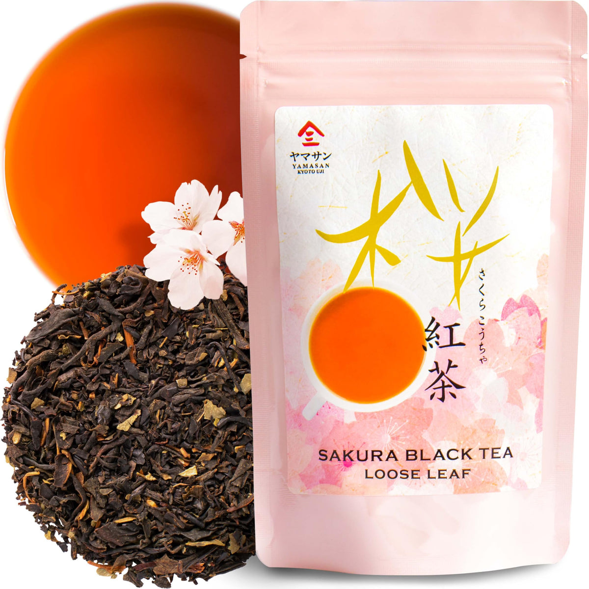 YAMASAN KYOTO UJI Sakura Black Tea loose leaves show Benifuuki with floral notes for a relaxing moment.