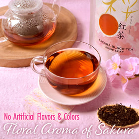 YAMASAN KYOTO UJI Sakura Black Tea sakura leaves close-up highlighting natural cherry blossom flavor for a gentle brew.
