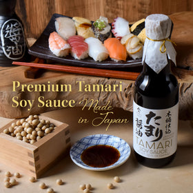 YAMASAN KYOTO UJI tamari glass bottle pour highlighting rich flavor.