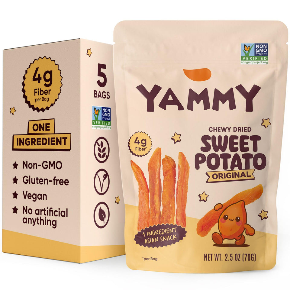 Yammy chewy dried sweet potato sticks in a 5-pack for on-the-go snacking.
