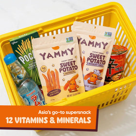 Yammy logo with gluten-free, vegan snack in a supermarket display