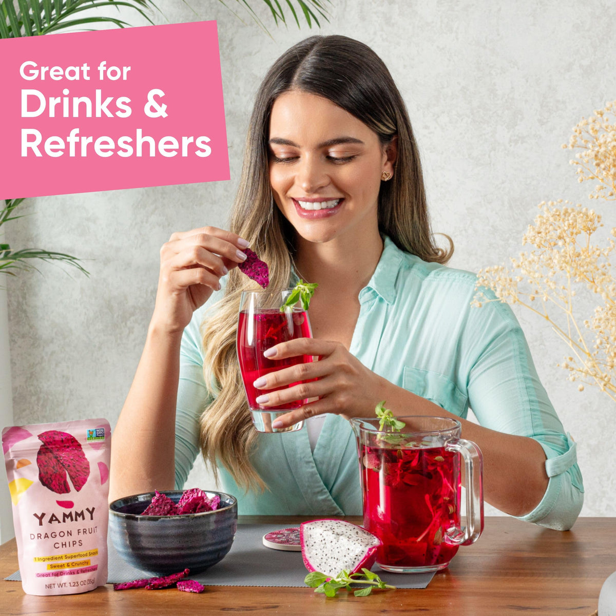 Yammy dragon fruit chips in a resealable pouch ideal for on-the-go snacking