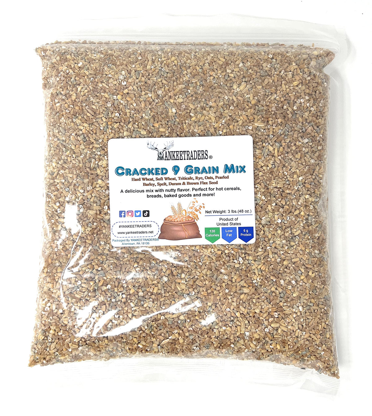 YANKEETRADERS 9 Grains Cracked Mix bulk bag, versatile whole grain blend for cereals and baking.
