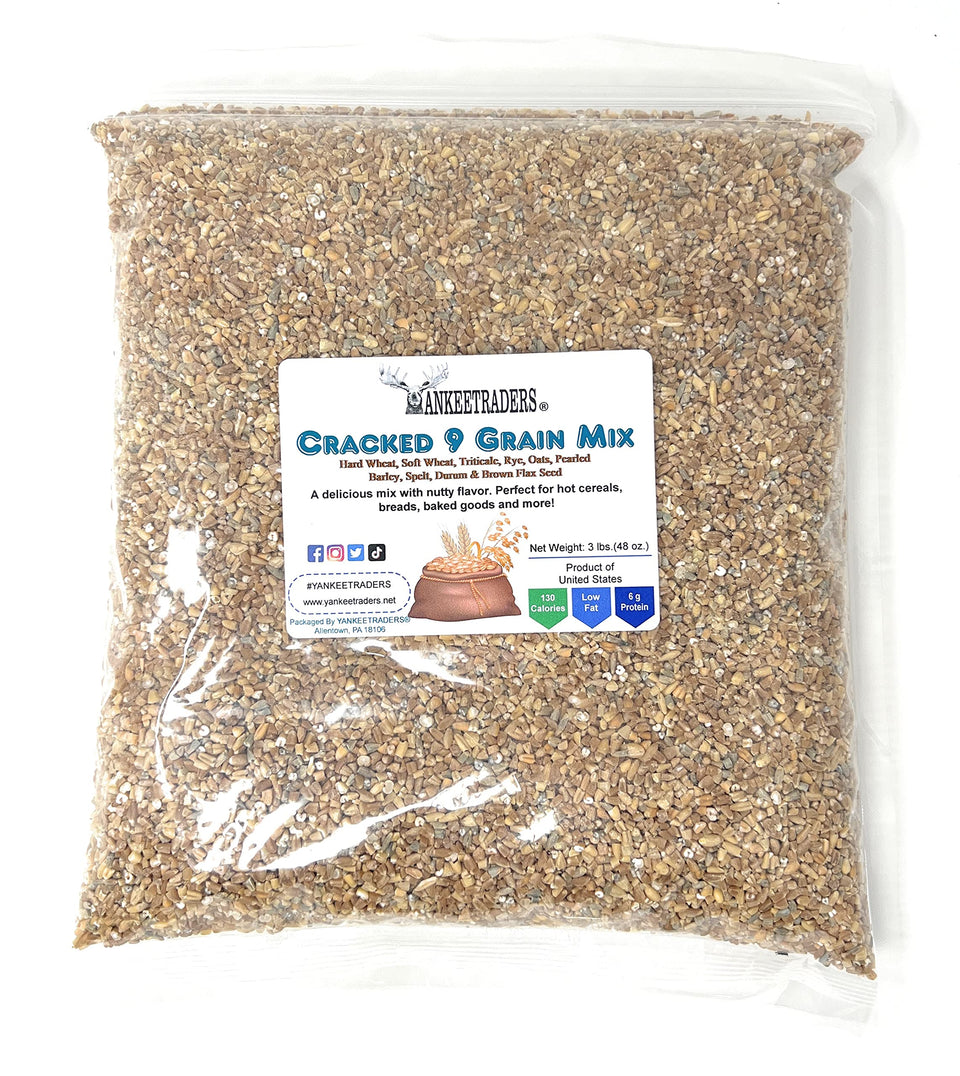 YANKEETRADERS 9 Grains Cracked Mix bulk bag, versatile whole grain blend for cereals and baking.