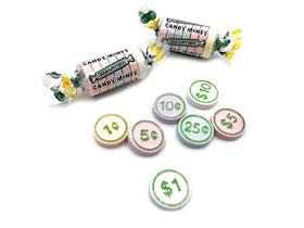 YANKEETRADERS Money Candy coins close-up—colorful flavors and variety for games and prizes.