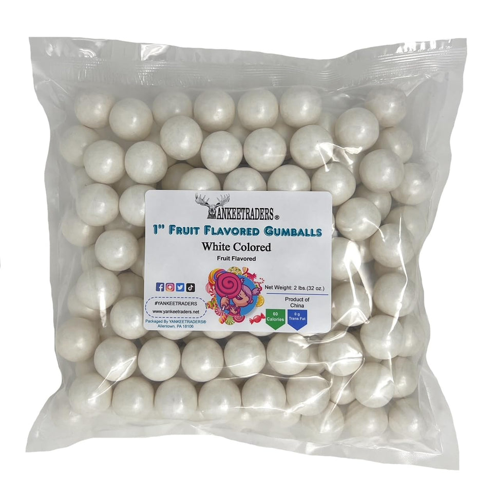YANKEETRADERS white fruit gumballs close-up, ideal for party displays.