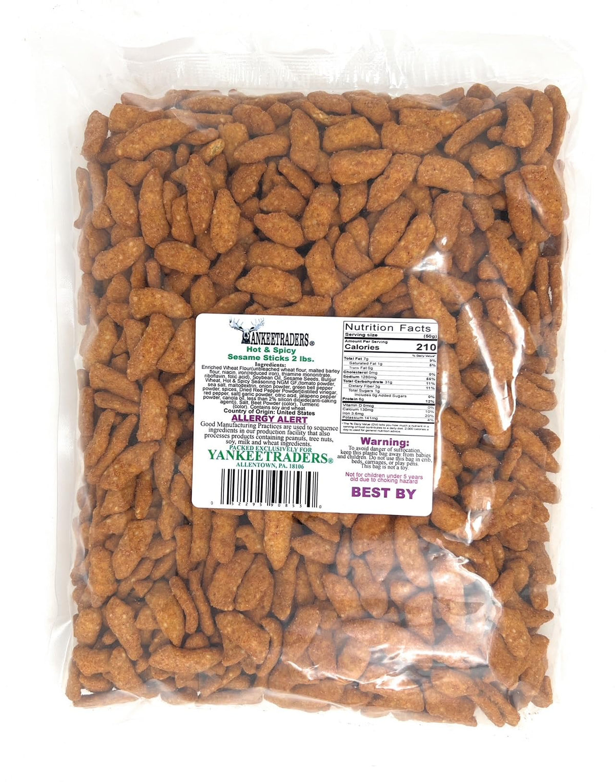 YANKEETRADERS hot-spicy sesame sticks in a 2 lb bag, ideal for bold snacking.