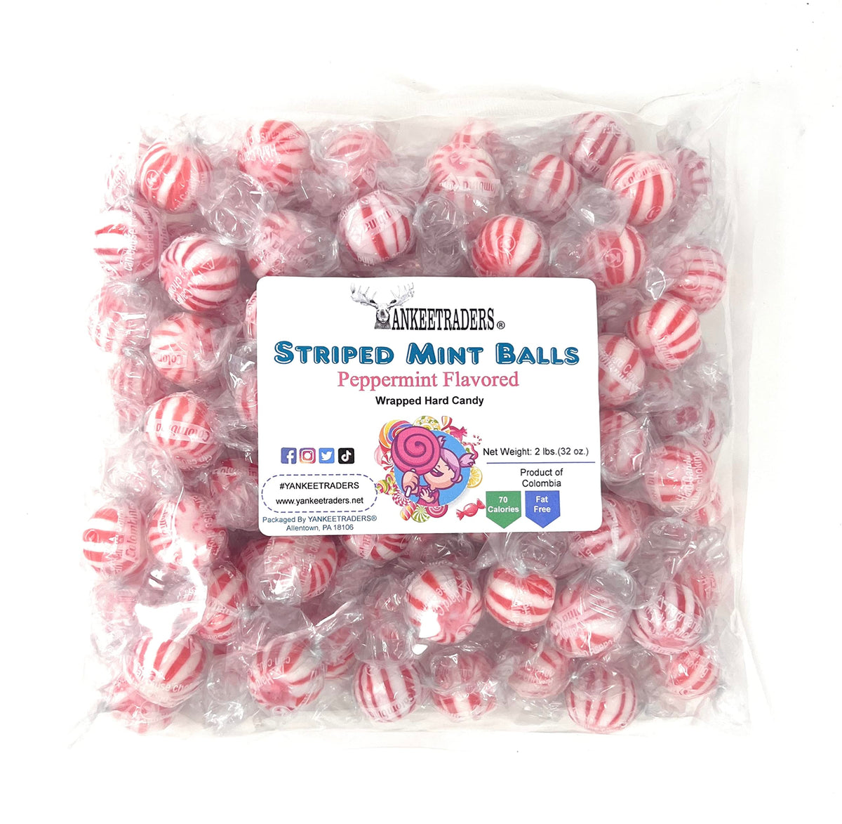 Yankee Traders peppermint striped hard candy balls in a dish, ideal for festive sharing