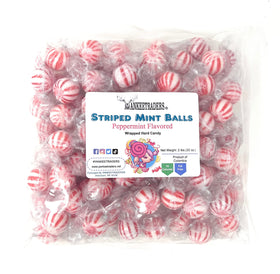 Yankee Traders peppermint striped hard candy balls in a dish, ideal for festive sharing