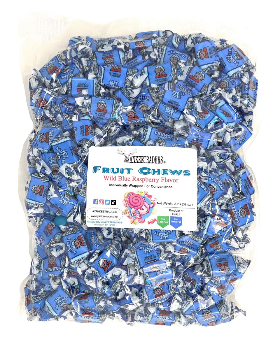 YANKEETRADERS Wild Blue Raspberry chews in packaging, ideal for parties and bulk snacking.