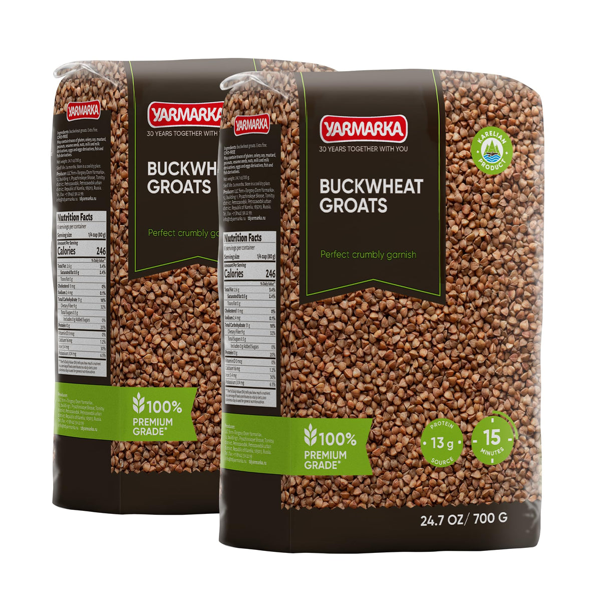 Yarmarka toasted buckwheat groats pack on shelf, a versatile pantry staple.