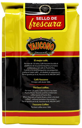 Yaucono ground coffee bag open, showcasing premium aroma and grind quality.