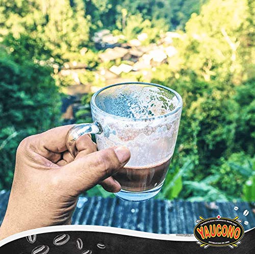 Yaucono ground coffee being poured with steam and inviting aroma.