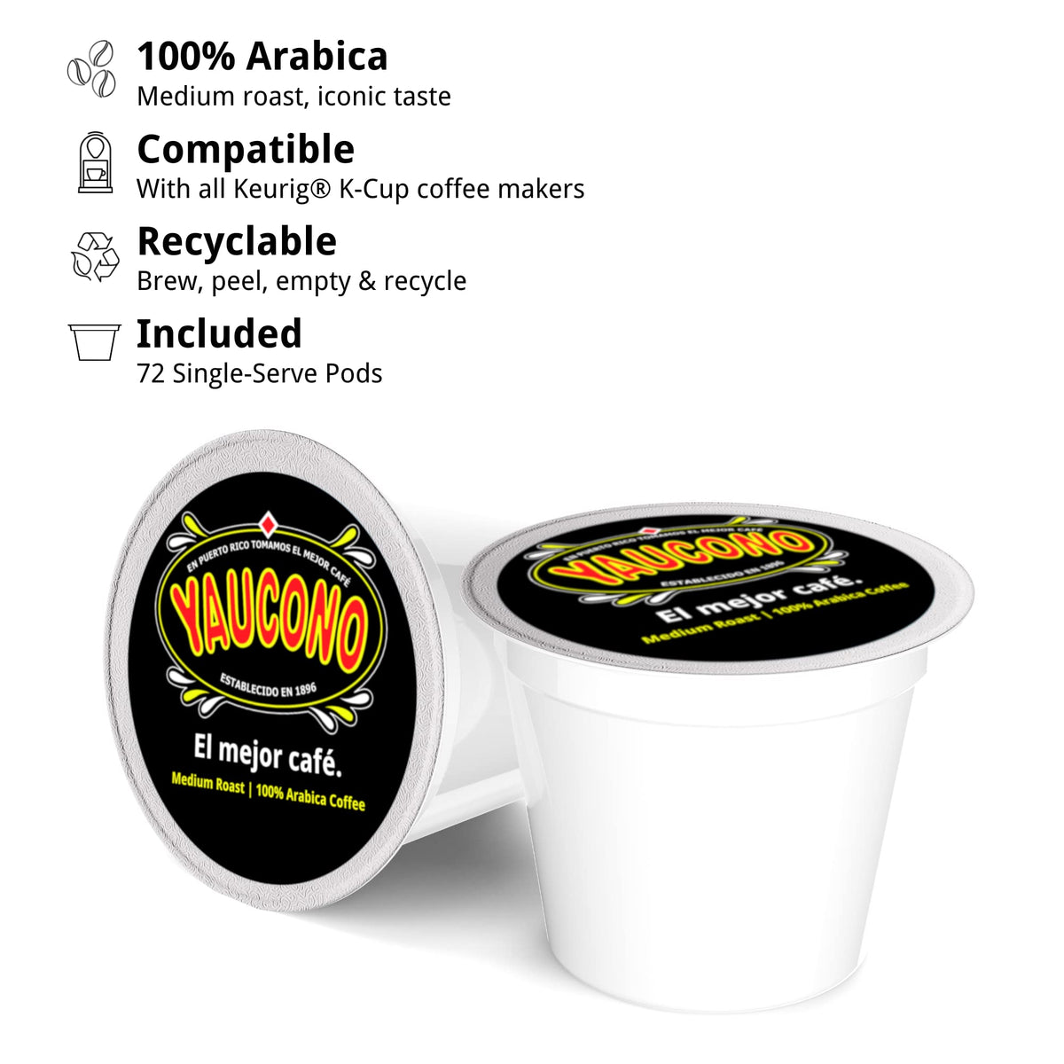 Steaming cup beside Yaucono pods highlights rich aroma and flavor.