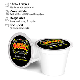Steaming cup beside Yaucono pods highlights rich aroma and flavor.
