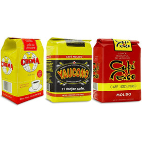 Yaucono trio variety pack on display, ideal for tasting Puerto Rican coffees.