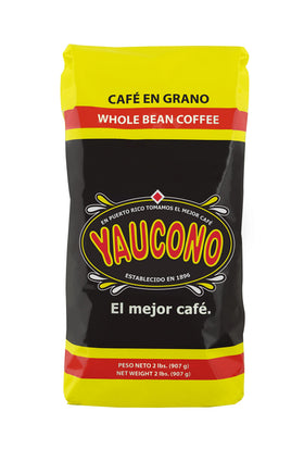 Yaucono whole bean coffee bag, 2 lb—preserving freshness for everyday brewing.
