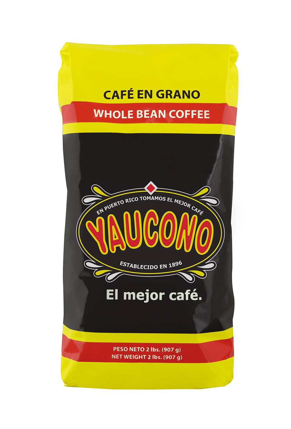 Yaucono whole bean coffee bag, 2 lb—preserving freshness for everyday brewing.