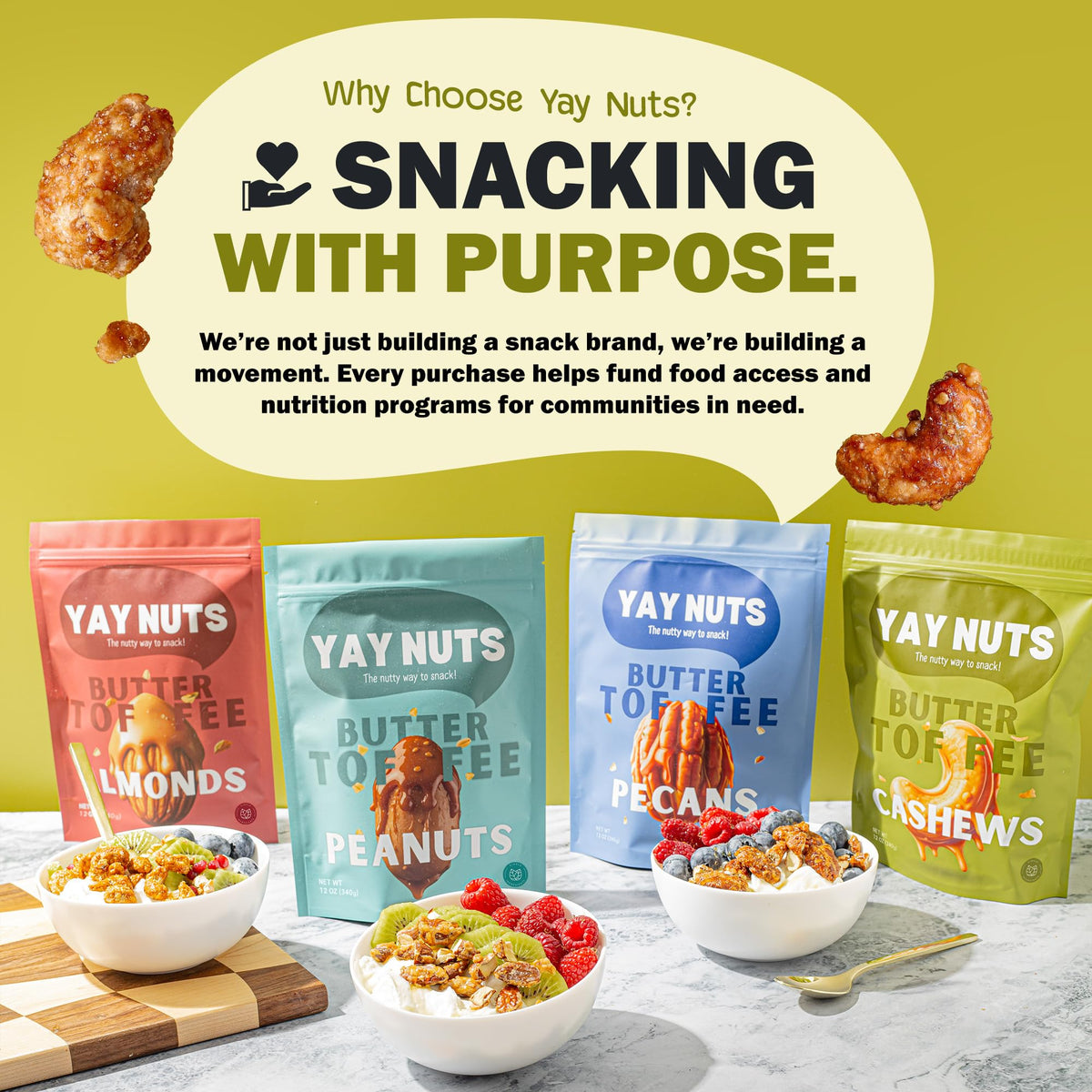 Resealable pouch supports easy, mess-free snacking at home or work.