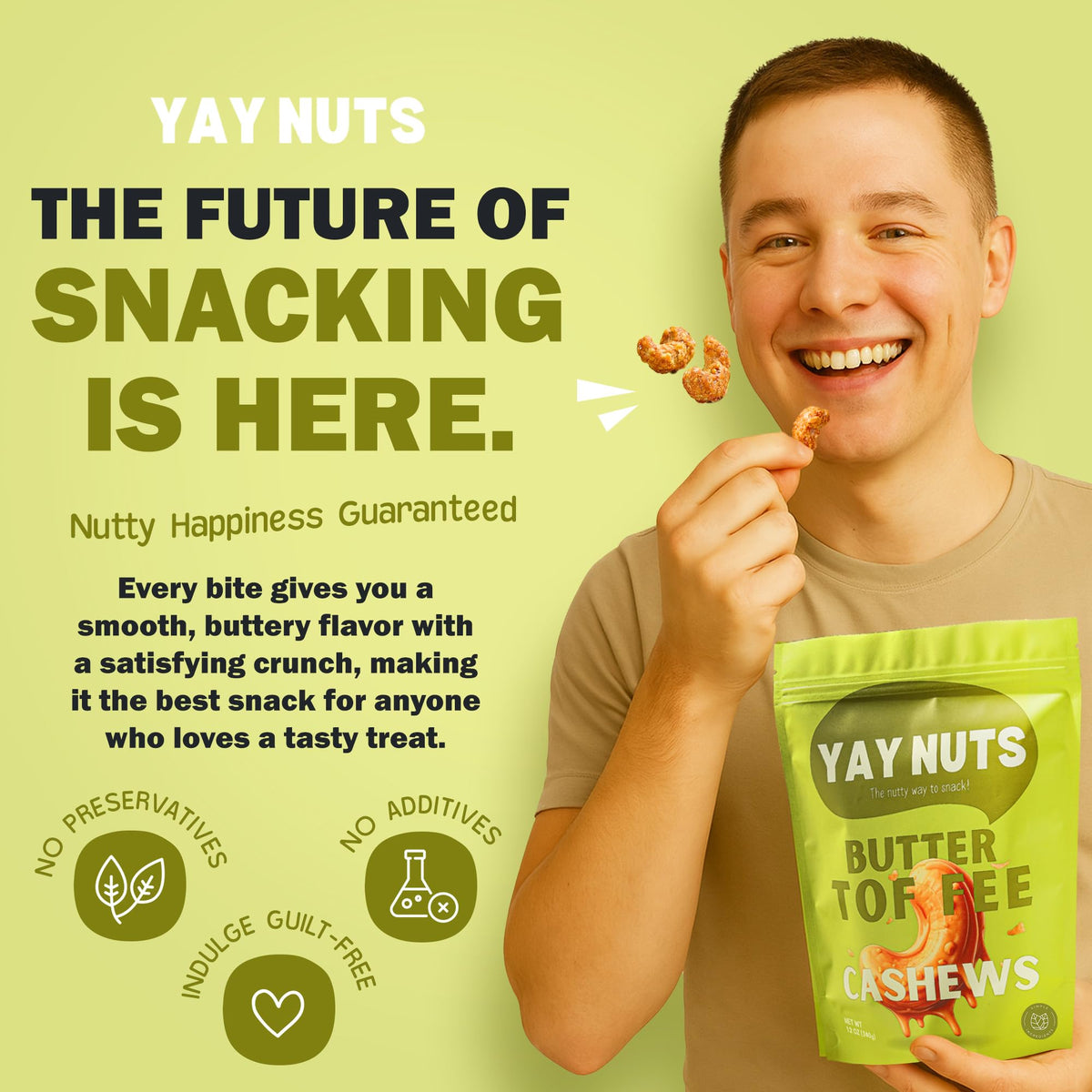 Close-up of golden toffee coating on cashews signaling rich sweet-salty flavor.