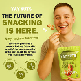 Close-up of golden toffee coating on cashews signaling rich sweet-salty flavor.