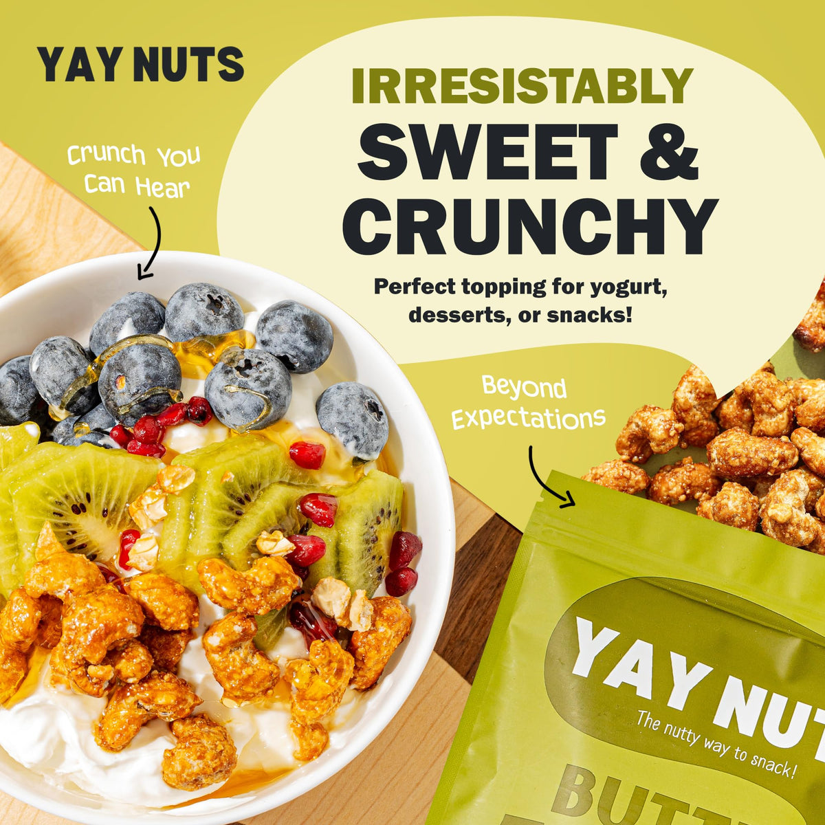 USA-made badge reinforces trust in a premium, craft-snack.