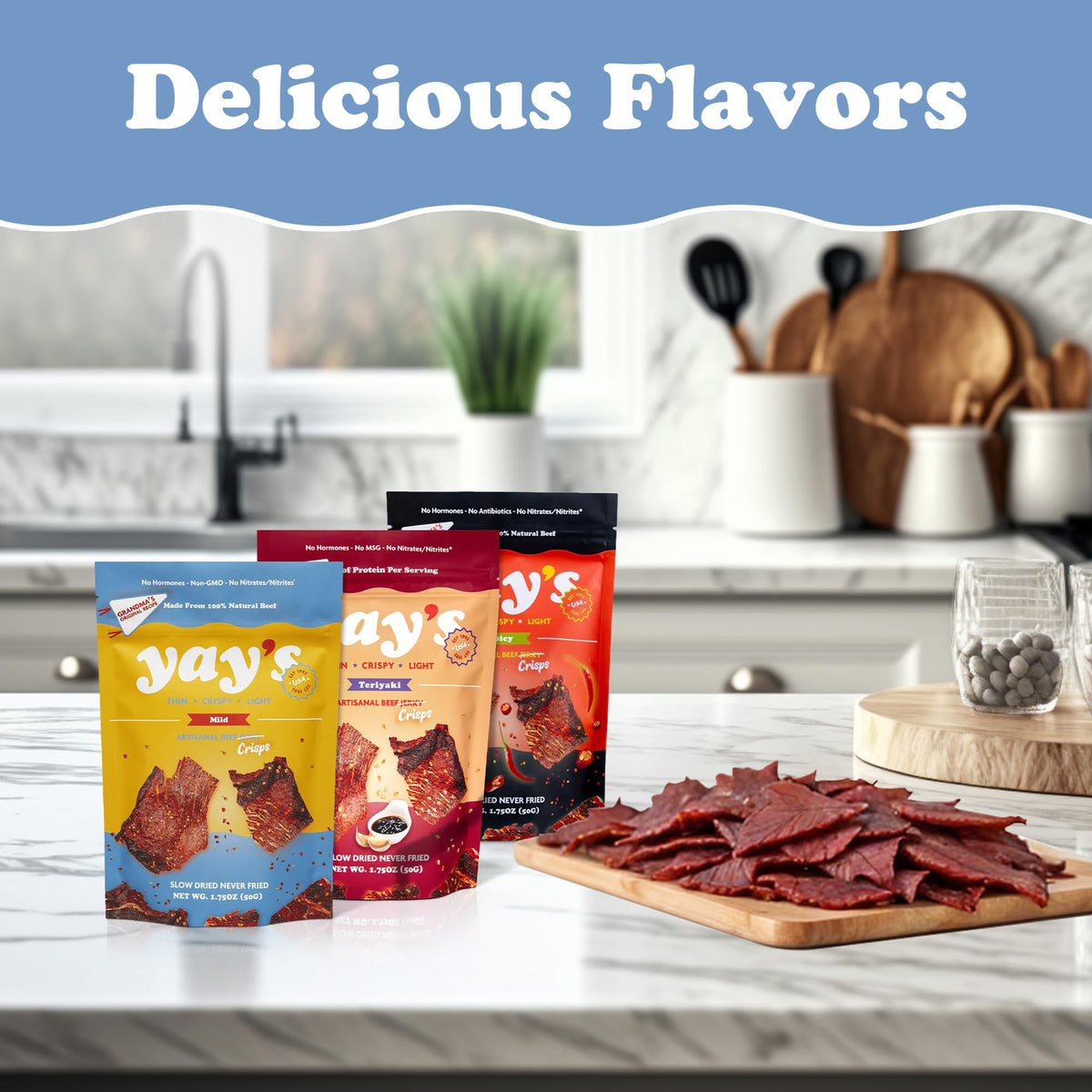 Yay's Beef Jerky Sampler Pack Mild close-up, balanced savor