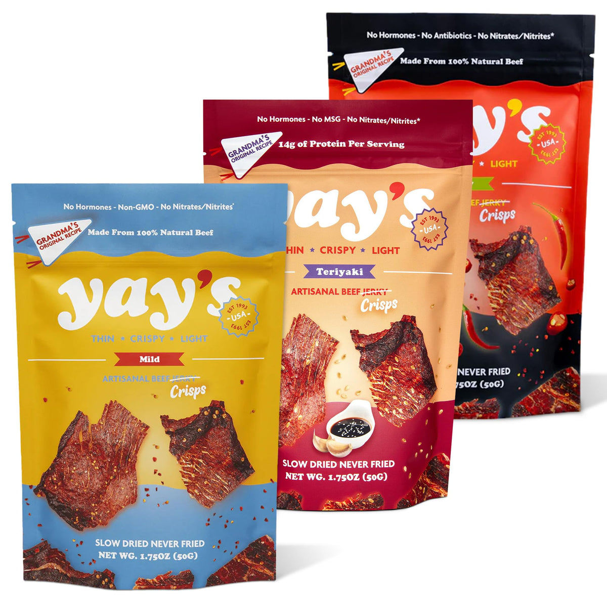 Yay's Beef Jerky Sampler Pack Teriyaki close-up for on-the-go snacking