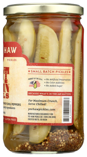 Yee Haw Spicy Dill Pickle Spears hand-held bite, ideal travel snack