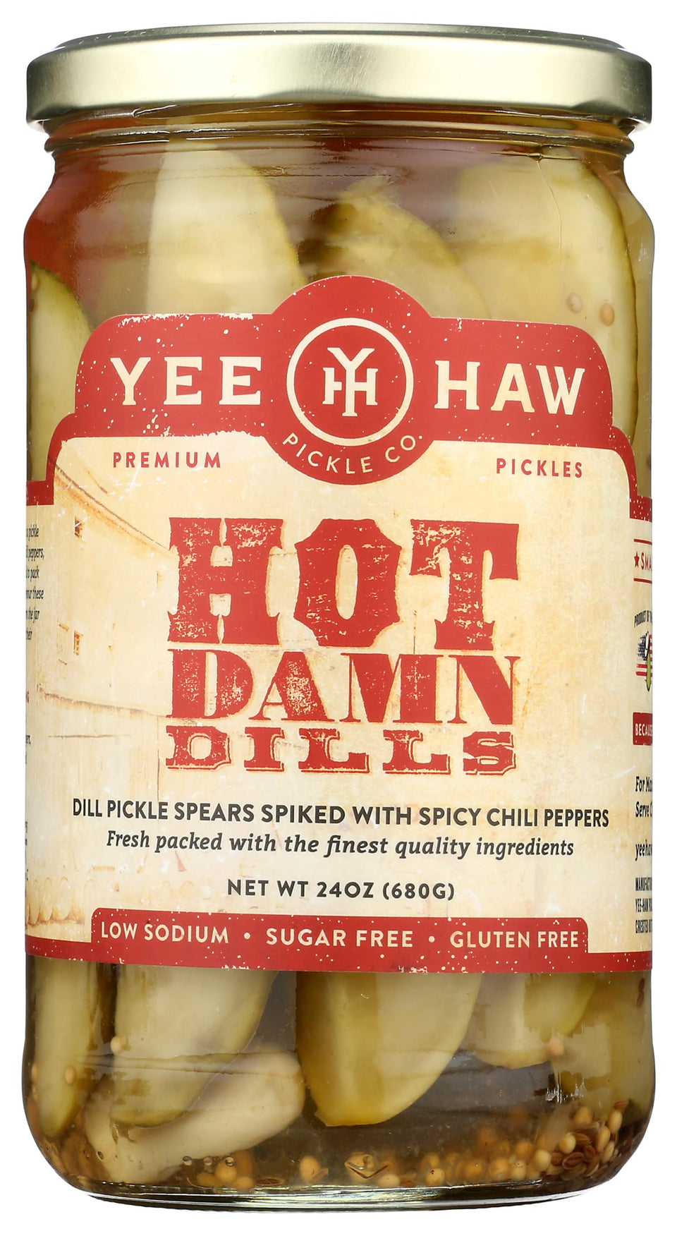 Yee Haw Spicy Dill Pickle Spears closeup of the jar showing bold crunch