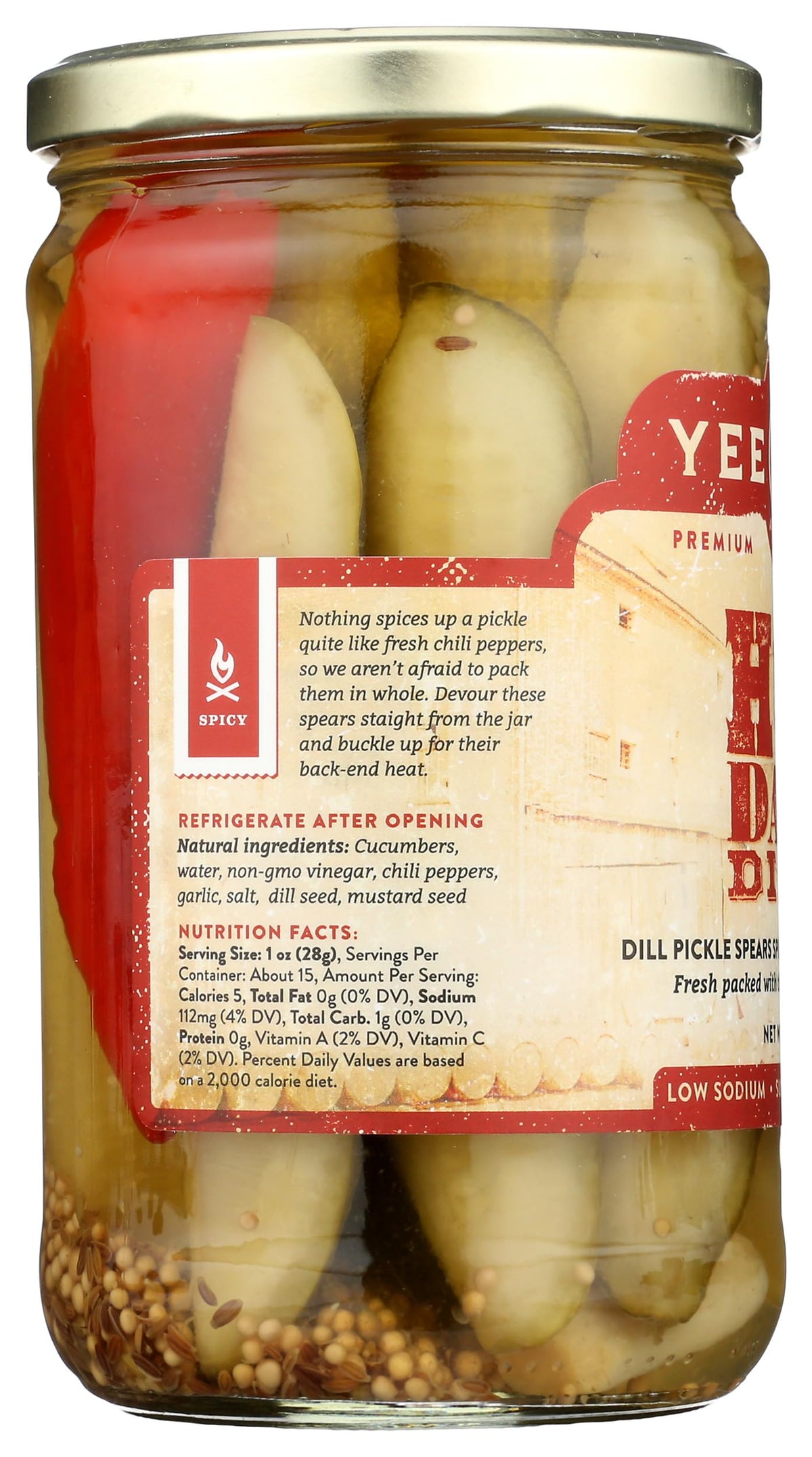 Yee Haw Spicy Dill Pickle Spears packaging, room-temperature storage for convenience