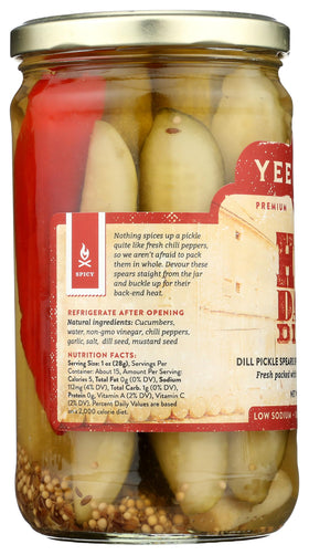 Yee Haw Spicy Dill Pickle Spears packaging, room-temperature storage for convenience
