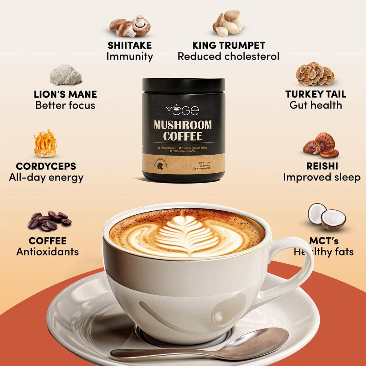 YEGE steam rising from cup showcases energizing coffee-mushroom fusion