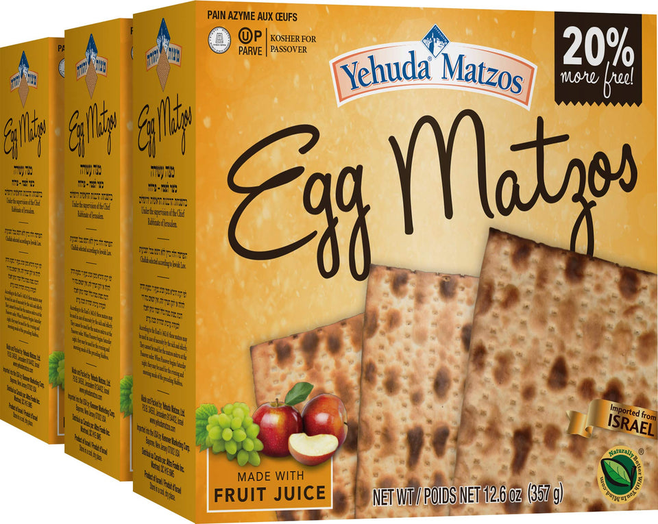 Yehuda Egg Matzo 3-pack packaging showing a soft chew texture ideal for Passover meals.