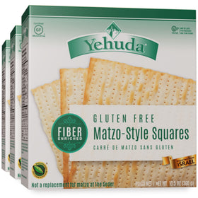 Yehuda fiber enriched gluten free matzo squares box front for Passover and everyday snacking.